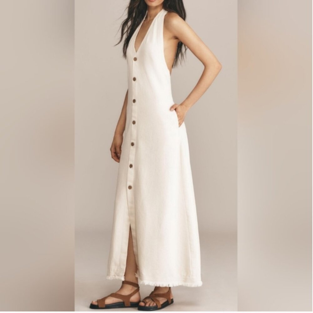 Anthropologie Cream Button-Front Midi Dress